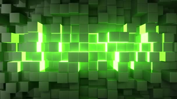 Abstract technology background for business presentations. Randomly moving cubes. Bright neon glow in the middle. Seamless loop 3d render — Stock Video
