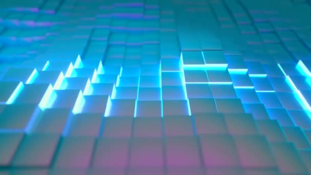비즈니스 프레젠테이션을 위한 정교 한 기술적 배경. 무작위로 움직이는 큐브. 밝은 네온은 가운데에서 빛난다. 바닷물없는 루프 3d 렌더링 — 비디오
