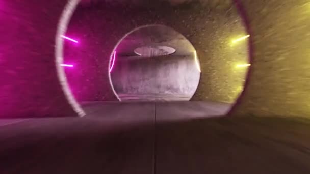 Infinito volo in un tunnel di cemento grigio con luminose strisce luminose al neon. Moderno spettro di luce ultravioletta. Il movimento della fotocamera in cerchio. loop senza soluzione di continuità di animazione astratta — Video Stock