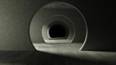 Gri beton bir tünelde sonsuz uçuş. Kusursuz döngü soyut 3d canlandırması