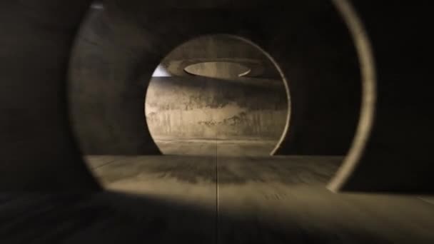 Endless flight in a gray concrete tunnel. The movement of the camera in a circle. Solar swap makes its way from different sides. Seamless loop abstract animation — Stock Video