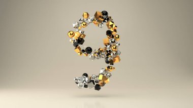 İlkel geometrik şekillerden 9 numara. Top, küp ve çokgen, farklı camdan yapılmış, altın, plastik. 3d illüstrasyon