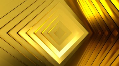 Yer değiştirmenin etkisiyle karelerin altın soyut deseni. Altın halkalar dalgalanıyor. 3d illüstrasyon