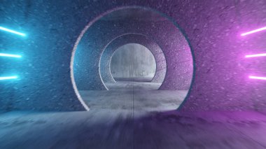 Parlak neon çizgili gri beton bir tünelde sonsuz uçuş. Modern ultraviyole ışık tayfı. Kameranın dairesel hareketi. 3d illüstrasyon