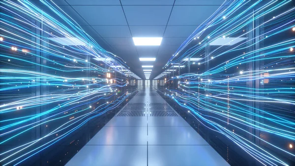 Digital information flows through the network and data servers behind glass panels in the server room of a data center or Internet service provider. High speed digital lines. 3d illustration