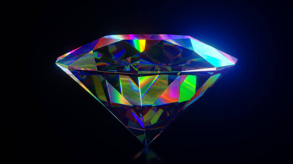 Beautiful large crystal clear rainbow shining round cut diamond, rotates against a black mirror isolated background. Close up side view. 3d illustration