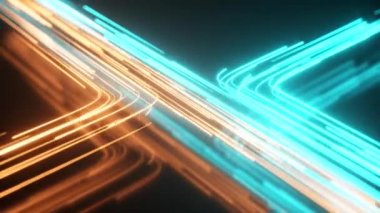 Mavi ve turuncu neon akıntısı. Yüksek teknoloji soyut eğri arka planı. Çizgili yaratıcı doku. Bir siber uzayda bilgi transferi. Işık huzmeleri hareket halinde. Kusursuz 3D döngü oluşturucu.