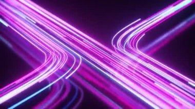 Mavi ve mor neon akıntısı. Yüksek teknoloji soyut eğri arka planı. Çizgili yaratıcı doku. Bir siber uzayda bilgi transferi. Işık huzmeleri hareket halinde. Kusursuz 3D döngü oluşturucu.