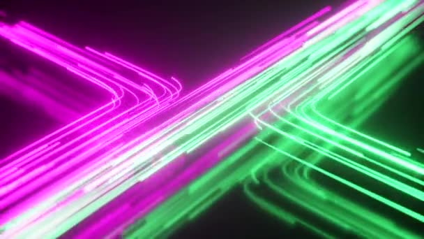 Ruscello al neon verde e viola. Alta tecnologia sfondo curva astratta. Texture creativa a strisce. Trasferimento di informazioni in un cyberspazio. Raggi di luce in movimento. loop senza soluzione di continuità rendering 3d. — Video Stock