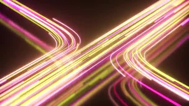 黄色と紫のネオンストリーム。ハイテク抽象曲線の背景。創造的なテクスチャをストリップ。サイバー空間での情報転送。運動中の光の光線。シームレスループ3Dレンダリング. — ストック動画