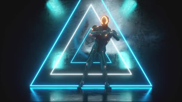 Parlak neon ışıkları olan metal bir arka planda dans eden uzaylı robot. Mutluluk ve zafer kavramı. Kusursuz 3D döngü oluşturucu — Stok video