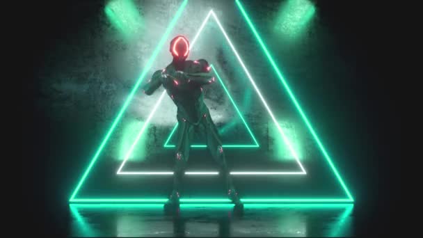 Dansen buitenaardse robot op een metalen achtergrond met heldere neon lichten. Het concept van vreugde en overwinning. Naadloze lus 3d renderen — Stockvideo