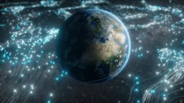 Optik fiber bulutlarda dönen bir küre uzayda tüm evrene sinyaller gönderiyor. Dünyaya ve uzaya bilgi yayma kavramı. Kusursuz 3D döngü oluşturucu