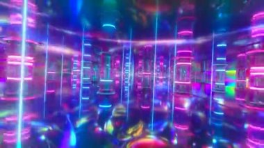 Neon cam sütunlar ve kolonlar boyunca fütüristik bir koridorda uçun. Modern ultraviyole ışıltısı. Kusursuz 3D döngü oluşturucu