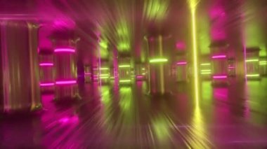 Neon cam sütunlar ve kolonlar boyunca fütüristik bir koridorda uçun. Modern ultraviyole ışıltısı. Kusursuz 3D döngü oluşturucu