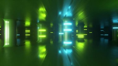 Neon cam sütunlar ve kolonlar boyunca fütüristik bir koridorda uçun. Modern ultraviyole ışıltısı. Kusursuz 3D döngü oluşturucu
