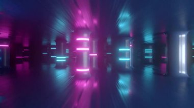 Neon cam sütunlar ve kolonlar boyunca fütüristik bir koridorda uçun. Modern ultraviyole ışıltısı. Kusursuz 3D döngü oluşturucu