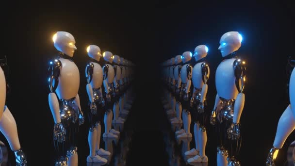 Un pasillo sin fin de robots uno frente al otro. Tecnología futura y concepto de inteligencia artificial Brillo de neón azul y amarillo. Lazo inconsútil 3d render — Vídeos de Stock