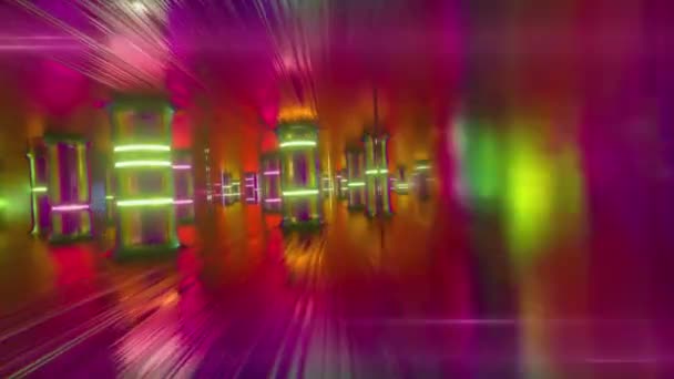 Летите по футуристическому коридору вдоль неоновых стеклянных столбов и колонн. Современный ультрафиолетовый неоновый свет. Бесшовный трехмерный рендер — стоковое видео