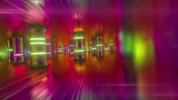 Vola attraverso un corridoio futuristico lungo pilastri e colonne in vetro al neon. Moderno bagliore al neon ultravioletto. loop senza soluzione di continuità rendering 3d — Video Stock