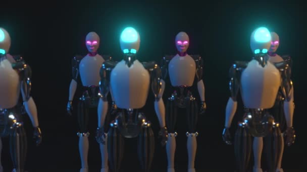 Un pasillo sin fin de robots uno frente al otro. Tecnología futura y concepto de inteligencia artificial Brillo de neón azul y rosa. Lazo inconsútil 3d render — Vídeo de stock