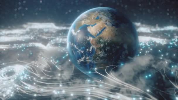 Un globo giratorio en nubes de fibra óptica transmitiendo señales a través del universo en el espacio. El concepto de difusión de la información en el mundo y el espacio. Lazo inconsútil 3d render — Vídeos de Stock