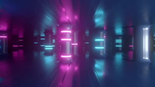 Leć futurystycznym korytarzem wzdłuż neonowych szklanych filarów i kolumn. Nowoczesny, ultrafioletowy neon. Płynna pętla 3d renderowania — Wideo stockowe