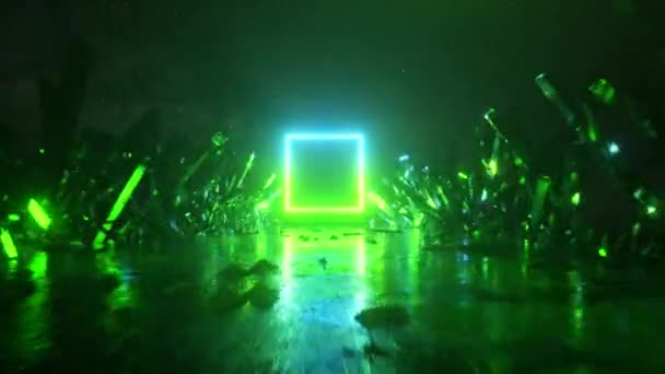 Летает в абстрактном пространстве вдоль кристаллов и скал. Современный ультрафиолетовый синий зеленый неоновый спектр света. Таинственный космический ландшафт, виртуальная реальность, космическое пространство. Бесшовный трехмерный рендер — стоковое видео