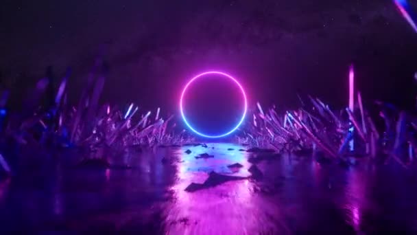 Asbractic flight, neon light ring shape, mysterious space landscape, forward flight through the corridor of crystals, virtual reality, outer space, star panorama. Seamless loop 3d render — Stock Video