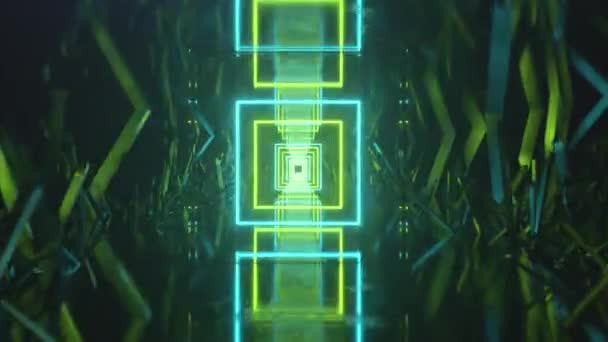 Vliegen in de abstracte ruimte langs kristallijne blokken. Neon licht vooruit. Naadloze lus 3d renderen — Stockvideo