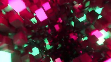 Fütüristik koridorda soyut uçuşlar, dikdörtgen döngü 4k arka plan, floresan ultraviyole ışık, parlak neon küpler, geometrik sonsuz tünel, kırmızı yeşil spektrum, 3d