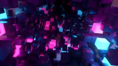 Fütüristik koridorda soyut uçuş, dikdörtgen döngü 4k arkaplan, floresan ultraviyole ışık, parlak neon küpler, geometrik sonsuz tünel, mavi mor spektrum, 3d