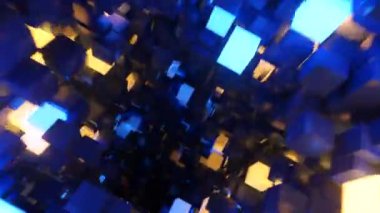 Fütüristik koridorda soyut uçuş, dikdörtgen döngü 4k arkaplan, floresan ultraviyole ışık, parlak neon küpler, geometrik sonsuz tünel, mavi sarı spektrum, 3d