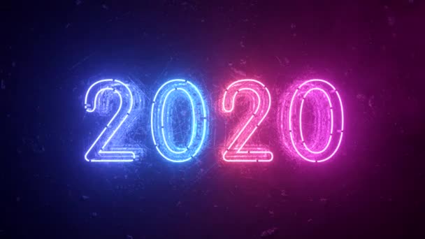 2020 neon sign background new year concept. Šťastný Nový rok. Kovové pozadí, Moderní ultrafialově modré neonové světlo. Blikající světlo — Stock video