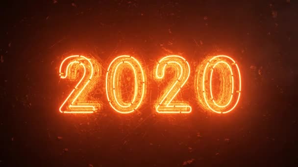 2020 fuego naranja neón signo fondo nuevo concepto de año. Feliz Año Nuevo. Fondo de ladrillo. Luz parpadeante — Vídeo de stock