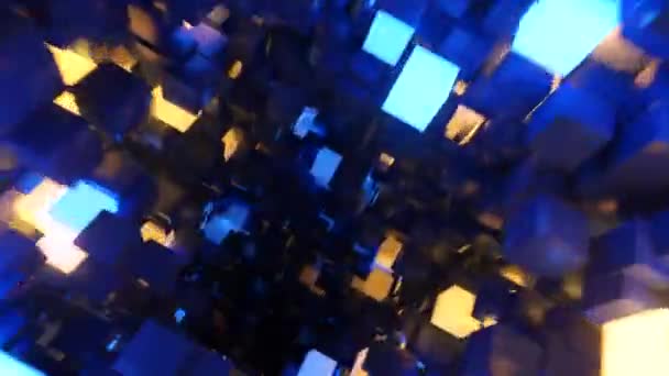 Abstraktes Fliegen im futuristischen Korridor, nahtloser Loop-4k-Hintergrund, fluoreszierendes UV-Licht, leuchtende bunte Neonwürfel, geometrischer Endlostunnel, blaugelbes Spektrum, 3D-Render — Stockvideo