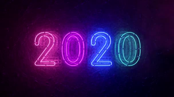 2020 neon tecken bakgrund nytt år koncept. Gott nytt år. Metall bakgrund, modern ultraviolett blå lila neon ljus. Flimmerljus — Stockvideo