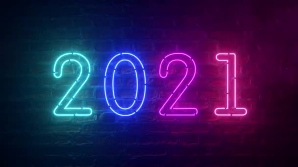 2021年ネオンサインの背景新年のコンセプト。明けましておめでとうございます。レンガの背景。現代の紫外線青紫ネオン。フリッカーライト — ストック動画