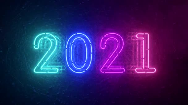 2021 Неон підписує нову концепцію року. З Новим роком. Металевий фон, Сучасне ультрафіолетове фіолетове неонове світло. Світло мерехтить — стокове відео