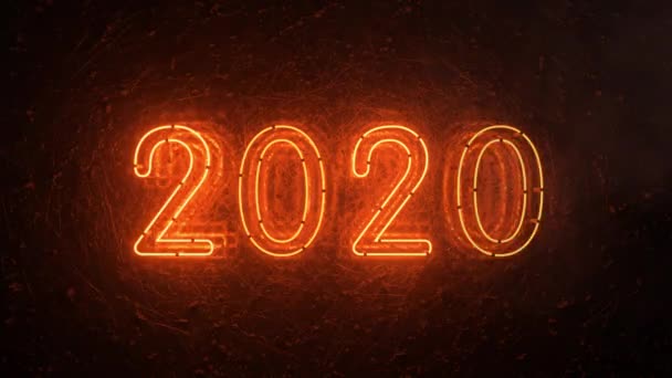 2020 feuerorangefarbene Leuchtreklame Hintergrund Neujahrskonzept. Frohes neues Jahr. Metall Hintergrund Flimmern Licht — Stockvideo