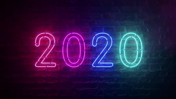 2020年ネオンサイン背景新年のコンセプト。明けましておめでとうございます。レンガの背景。現代の紫外線青紫ネオン。フリッカーライト — ストック動画