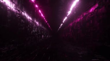 Fütürist metal bir koridorda neon ışıklı sonsuz uçuş. Teknoloji ve gelecek kavramı. Kusursuz döngü 3D görüntüleme. Modern mavi ışık tayfı