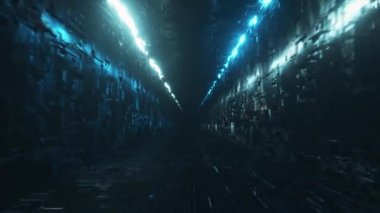 Fütürist metal bir koridorda neon ışıklı sonsuz uçuş. Teknoloji ve gelecek kavramı. Kusursuz döngü 3D görüntüleme. Modern mavi ışık tayfı