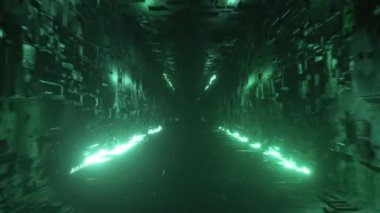 Fütürist metal bir koridorda neon ışıklı sonsuz uçuş. Teknoloji ve gelecek kavramı. Kusursuz döngü 3D görüntüleme. Modern yeşil ışık tayfı