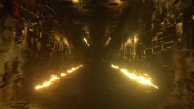 Fütürist metal bir koridorda neon ışıklı sonsuz uçuş. Teknoloji ve gelecek kavramı. Kusursuz döngü 3D görüntüleme. Modern turuncu ışık tayfı