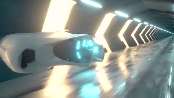 Menerbangkan robot di belakang kemudi mobil futuristik dalam terowongan panjang. Kecerdasan buatan dan konsep masa depan. Tampilan loop 3d tak beraturan. — Stok Video