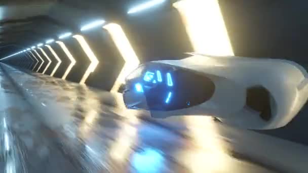 A pilotar um robô ao volante de um carro futurista num longo túnel. Inteligência artificial e conceito futuro. Laço sem costura 3d render. — Vídeo de Stock