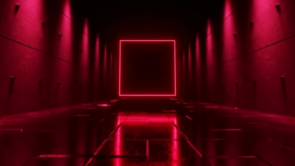 Volo infinito in un futuristico corridoio buio con illuminazione al neon. Una luminosa piazza al neon di fronte. — Video Stock