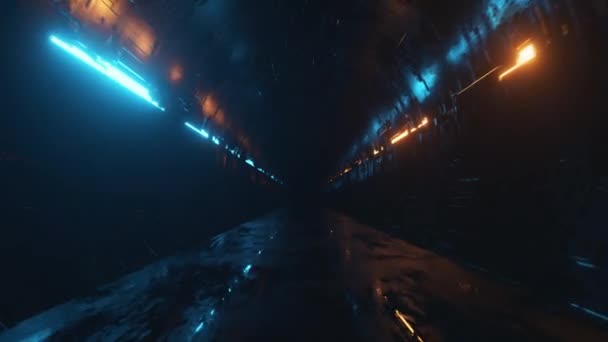 Niekończący się lot futurystycznym metalowym korytarzem z oświetleniem neonowym. Technologia i koncepcja przyszłości. Płynna pętla 3d renderowania. Współczesne niebieskie pomarańczowe widmo światła — Wideo stockowe
