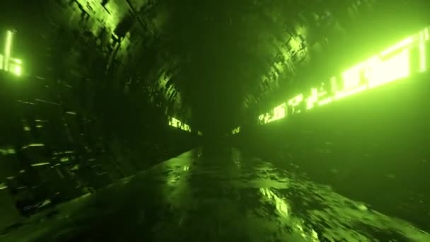 Niekończący się lot futurystycznym metalowym korytarzem z oświetleniem neonowym. Technologia i koncepcja przyszłości. Płynna pętla 3d renderowania. Współczesne widmo zielonego światła — Wideo stockowe
